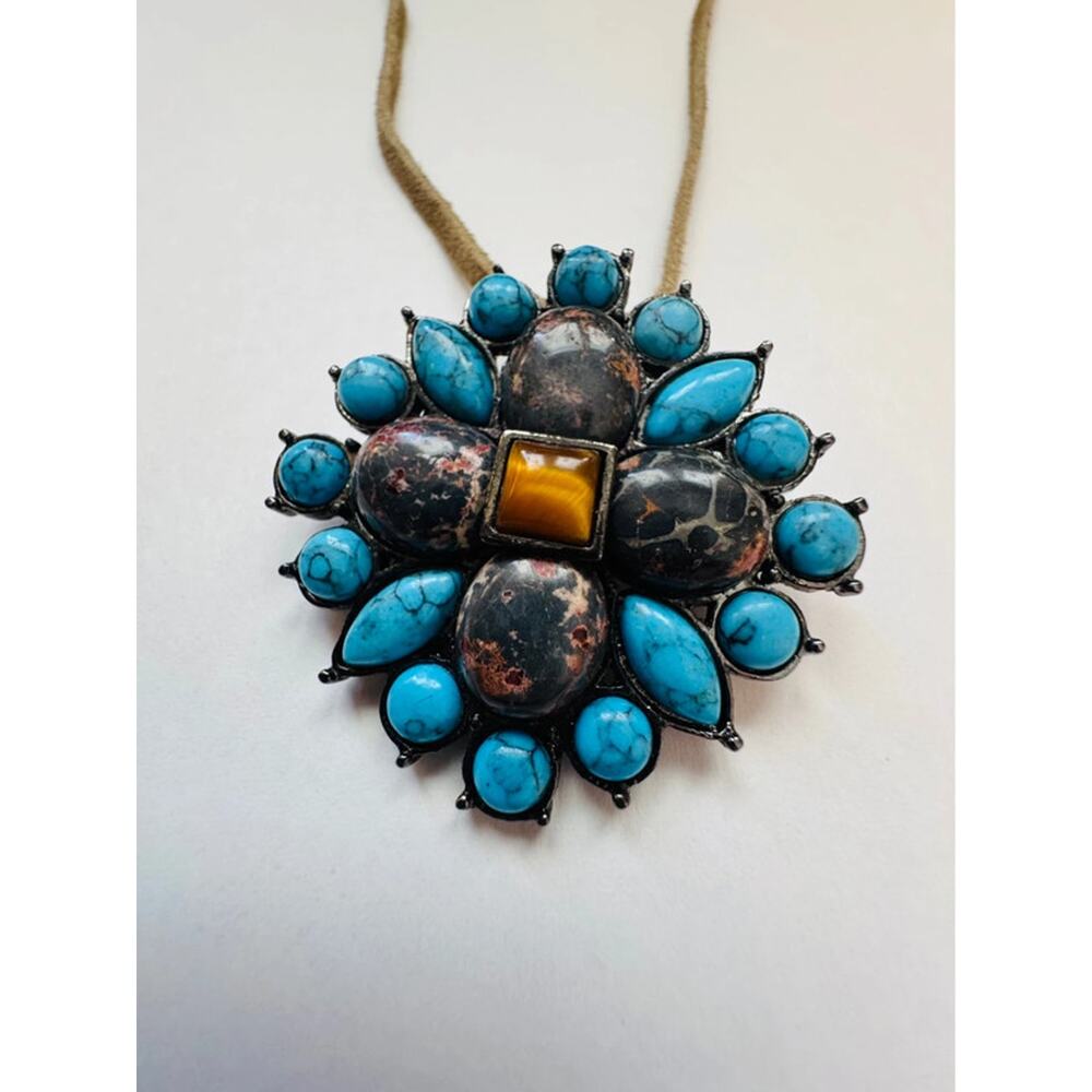 Signed Vintage Park Lane Turquoise Cluster Brooch Pendant Necklace Southwest